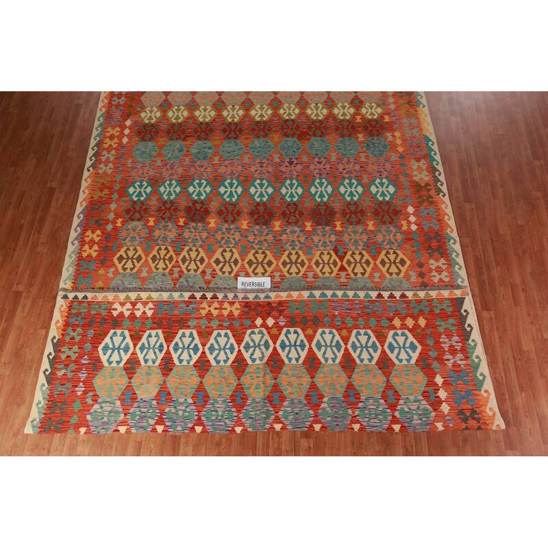 Geometric Kilim Large Rug Flatweave Dining Room Wool Carpet - 10'4"x 15'9"