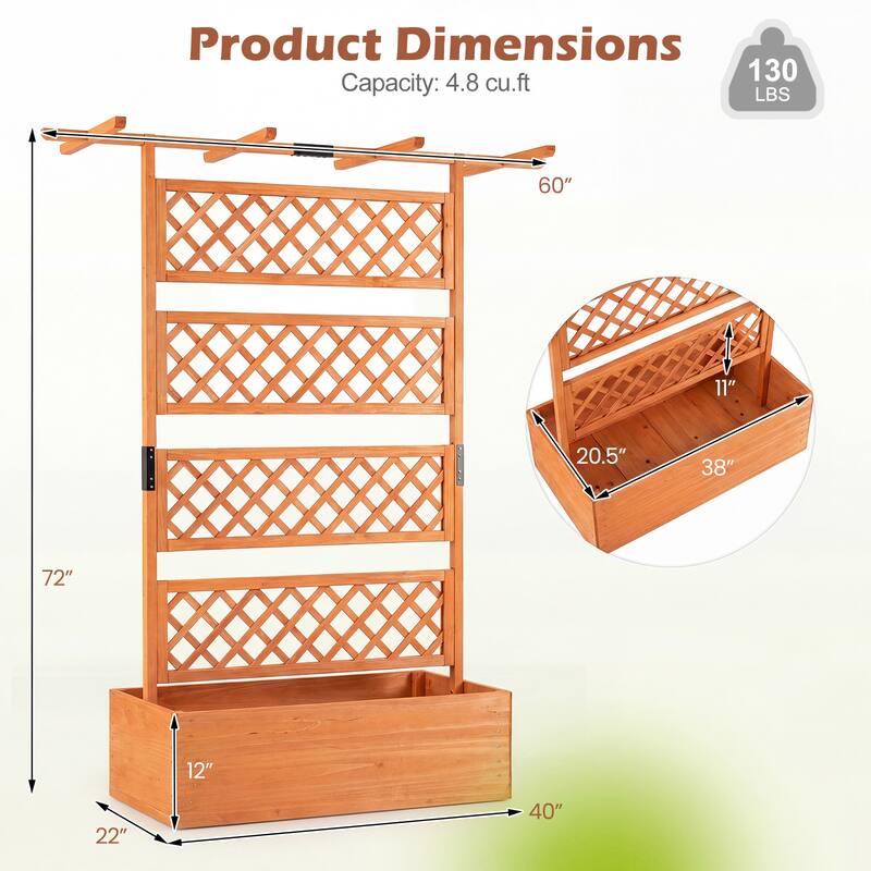 Gymax 72'' Wooden Planter Box w/Lattice Trellis Flat Roof Drainage for