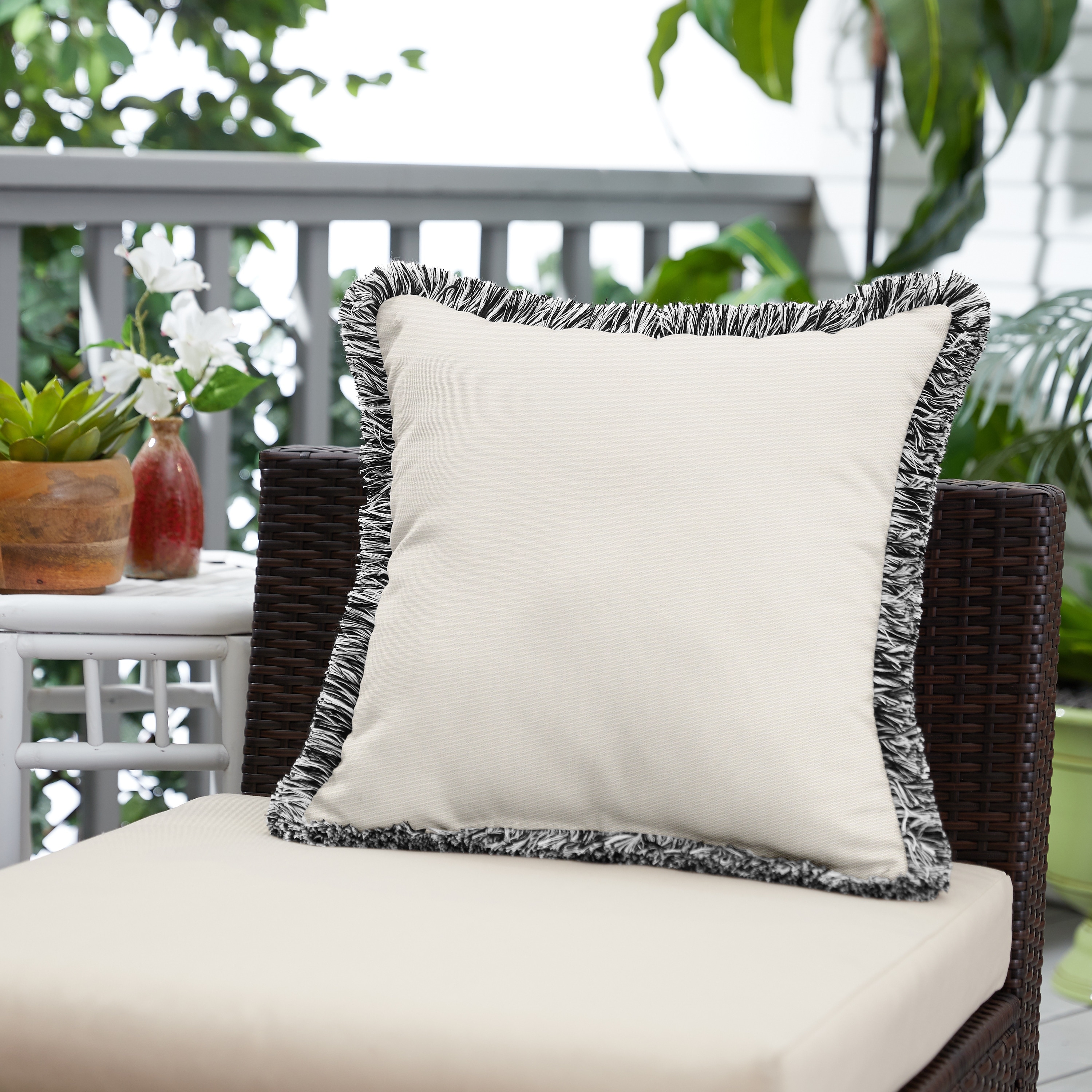Sunbrella Canvas Natural Indoor Outdoor Square Pillow with Fringe