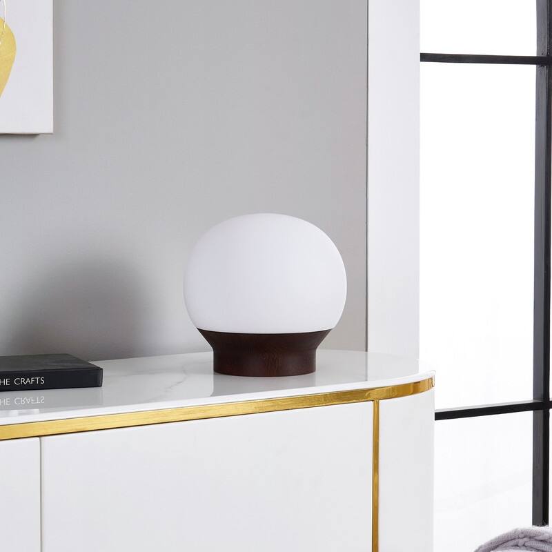 Brightech Marlow LED Walnut Brown Wood Midcentury Round Globe Dimmable Bedside Nightstand Desk Lamp
