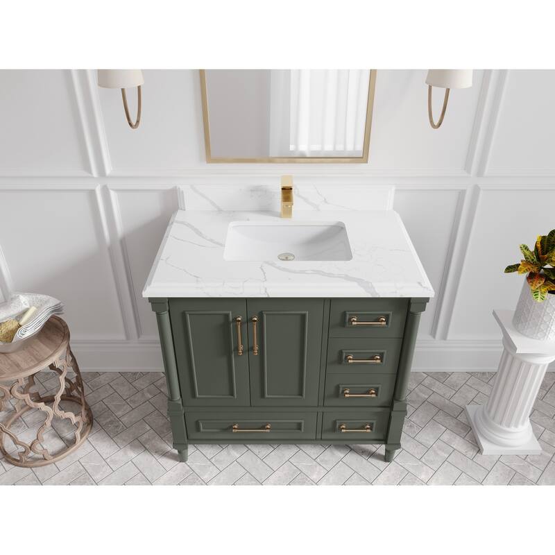 Willow Collections 36 in. W x 22 in. D Aberdeen Center Sink Left Bathroom Vanity with Countertop - 1.5" Calacatta Laza - Pewter Green