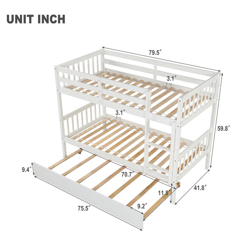 Twin/Full Size Bunk Bed with Trundle, Convertible to 2 Platform Bed