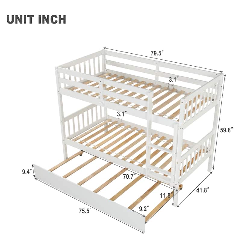 Twin-Twin Wooden Bunk Bed Frame w/ Trundle & Safety Rail for Girl, Boy ...