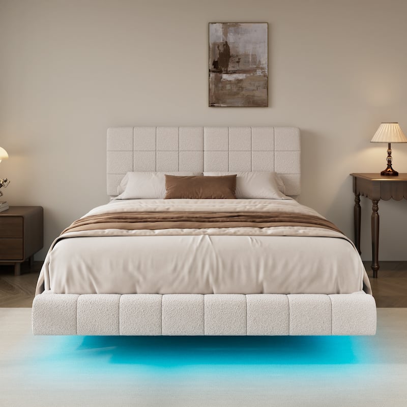 Christopher Knight Home - Alex White Boucle Floating Bed with Ambient Lighting - White - Queen