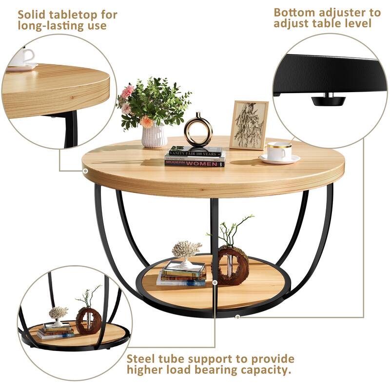 31.5 Inch Round Coffee Table 2 Tier Wood with Storage Modern for Living Room Kitchen