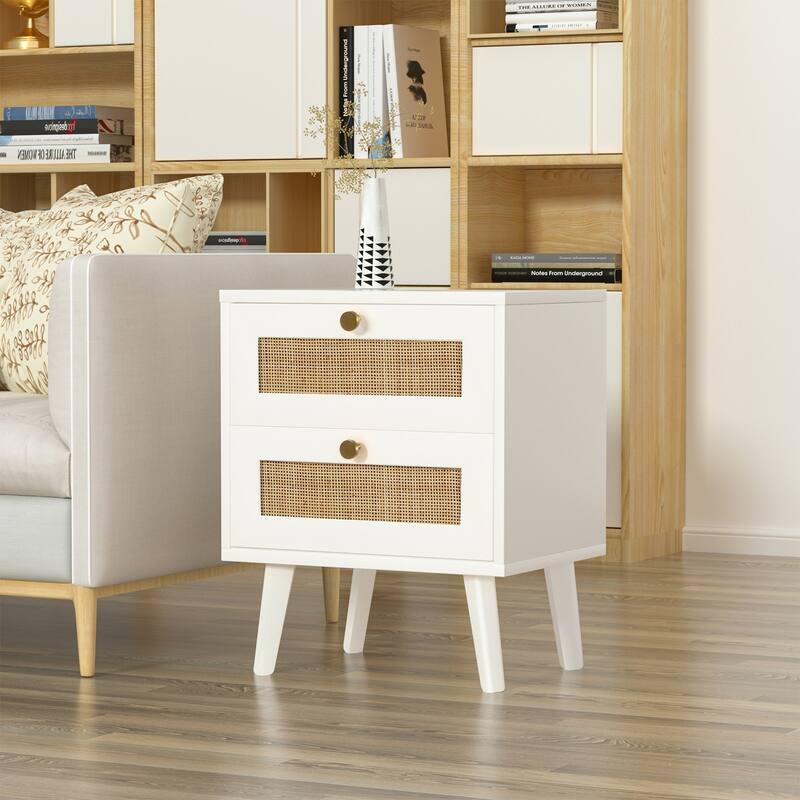 Anmytek Mid-Century Modern 2-Drawer Wood White Nightstand Sofa End Table with Storage for Bedroom
