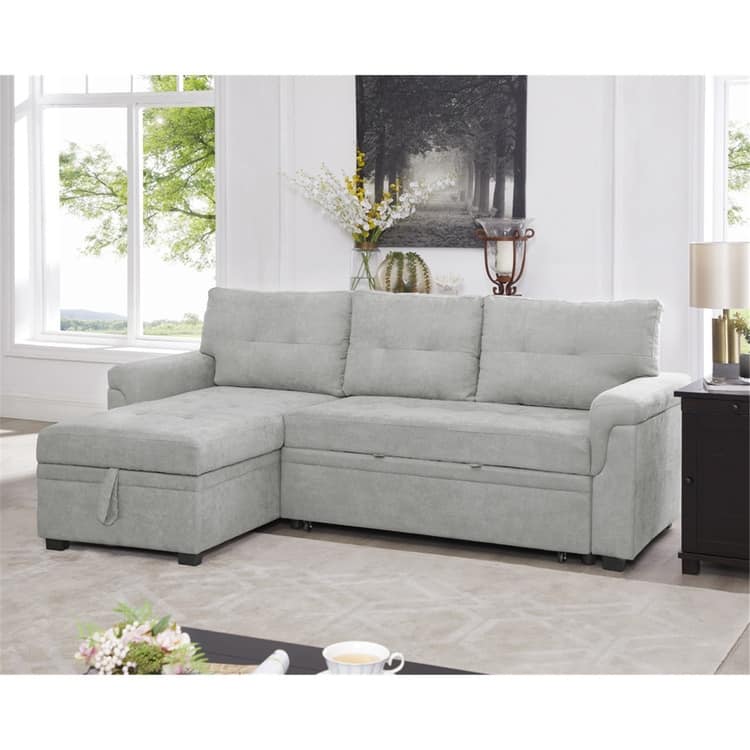 Convertible Reversible Sectional Sofa with Pull-Out Sleeper Bed, Hidden Storage Chaise, and Durable Legs - Gray, Velvet