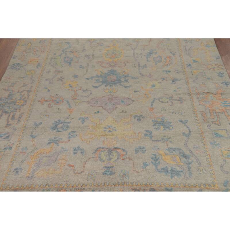 Floral Grey Oushak Indian Area Rug Hand-Knotted Wool Carpet - 7'11" x 9'10"