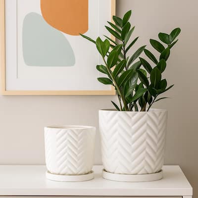 Camie Planter Set of 2, Saucers, Chevron Wave Patterns, White Ceramic