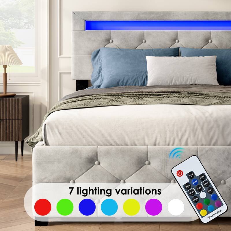 Full Size Upholstered Platform Storage Bed Frame with 4 Drawers & LED Light, No Box Spring Needed