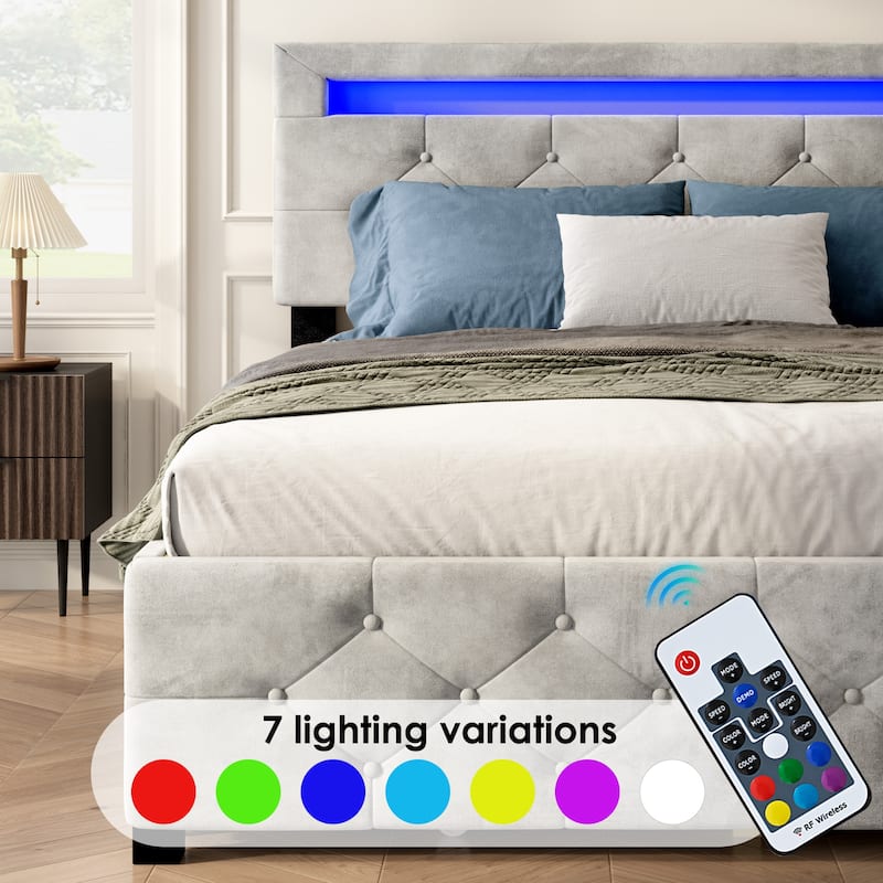 Upholstered Platform Bed, Velvet Fabric Storage Bed Frame with 4 Drawers and LED Headboard, No Box Spring Needed