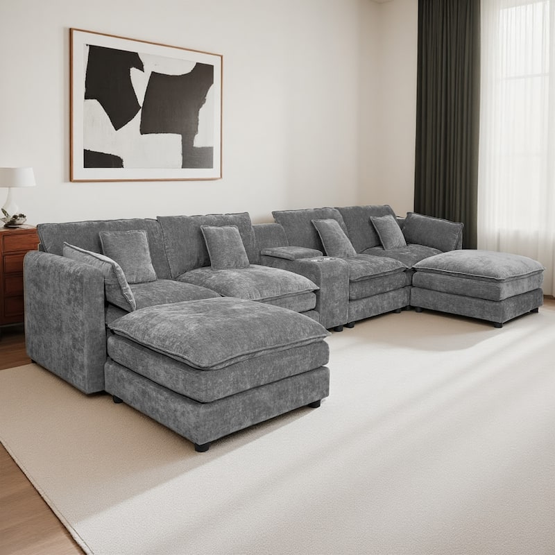 GDFStudio - Rei American Design 144" U-Shaped Comfy Fluffy Chenille Modular Sofa with Movable Ottoman & Storage