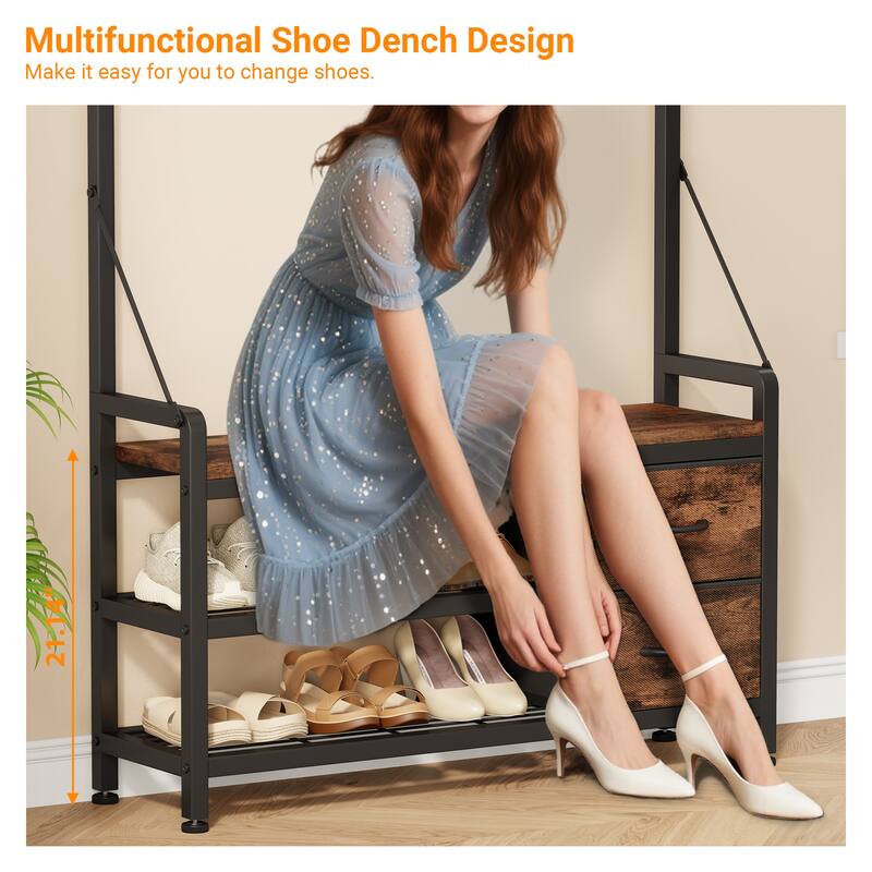 6-in-1 39.4"Hall Tree with Bench Entryway Shoe Rack w/24 Hooks & 2 Drawers