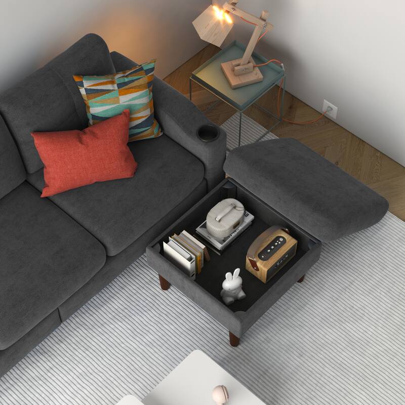 78.74'' Modern L-Shaped 3-Seater Sectional Sofa with Storage Footstool, USB Port, and Cup Holder for Space-Saving
