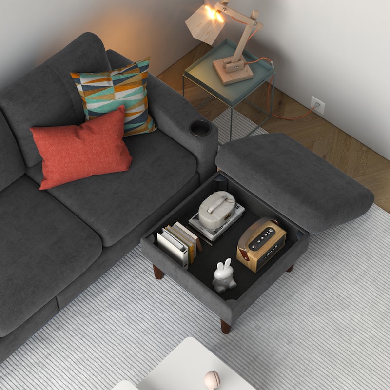 Grey 78.74'' Versatile L-Shaped 3-Seater Sofa with Storage and Footstool, Built-in USB Ports, and Cup Holders
