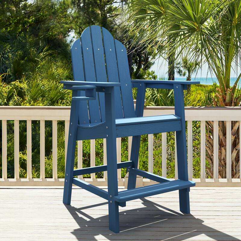 LUE BONA All Weather Plastic Outdoor Bar Stool Adirondack Chairs Bar Height Arm Chairs with Cup Holder for Balcony, Deck, Patio - Blue