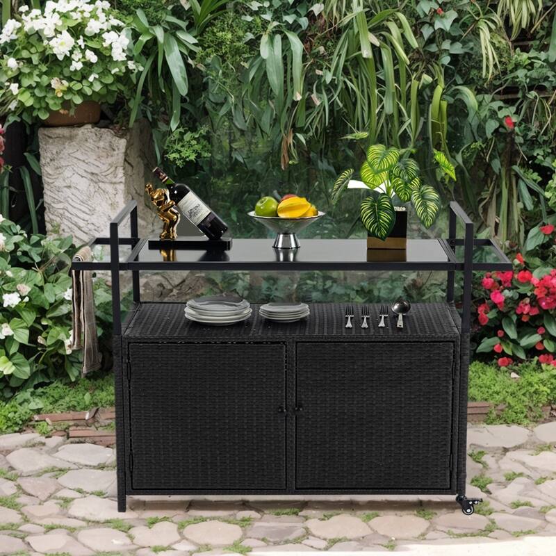 Large Portable Outdoor Wicker Bar Cart, Wheels, Glass Tabletop - 51.18'' W x 19.69'' D x 35.43'' H