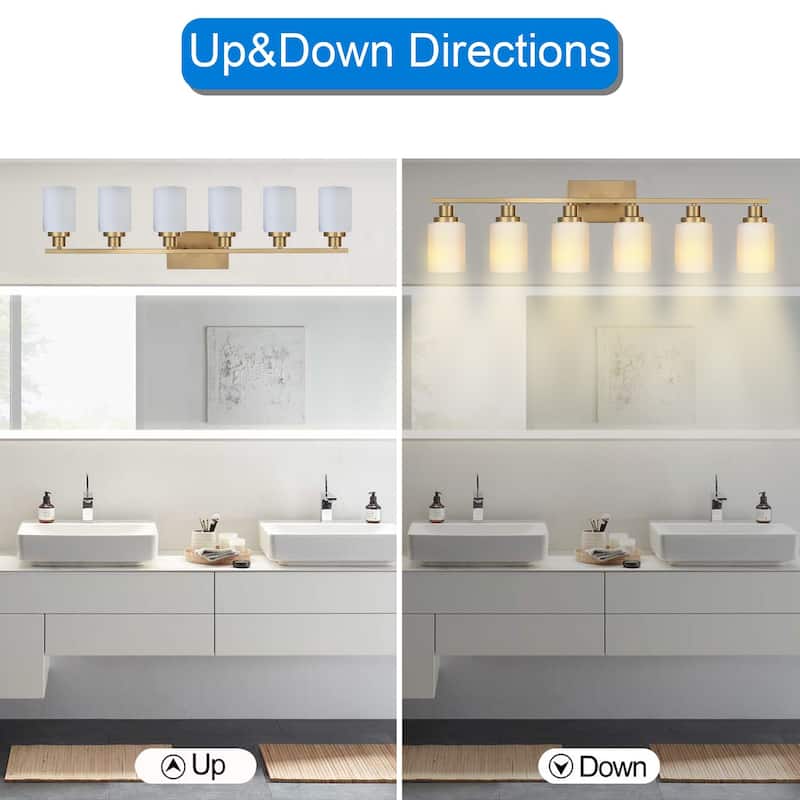 6-Light Bathroom Light Fixtures Brushed Brass 6-Light Bathroom Vanity Light, Bathroom Lights Over Mirror with Milky Glass Shade