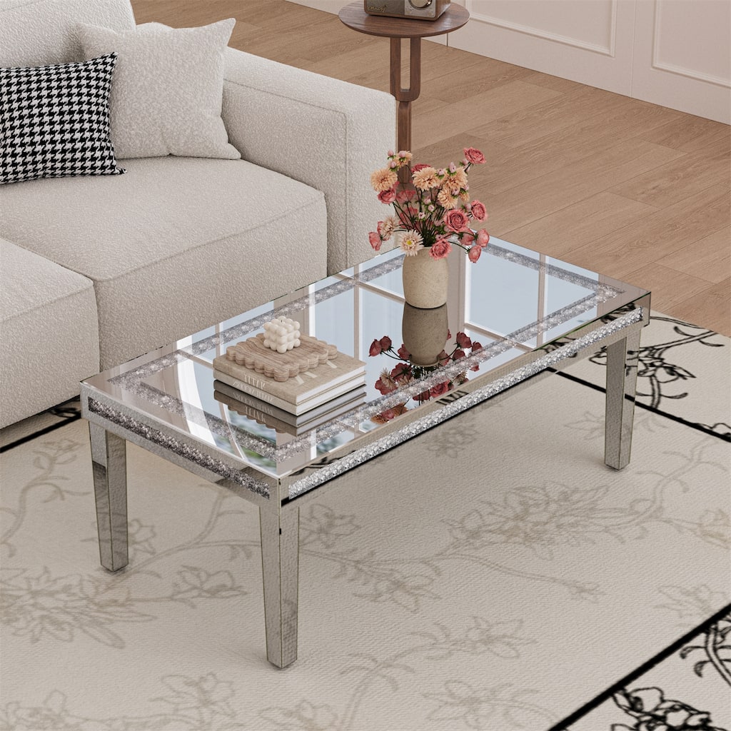 Modern Large Rectangular Mirrored Table Coffee Table with Crushed Diamonds Inlay - 47.24”x23.62”x17.72”