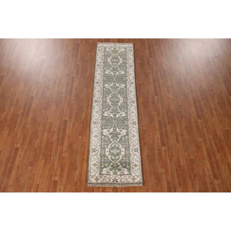 Green Oushak Style Runner Rug Hand-knotted Wool Carpet - 2'7"x 10'0"