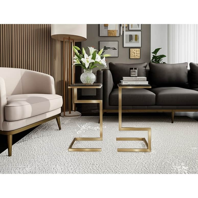 Stone Metal End Table Square Top Modern Base (Set of 2) - 22/25" Black - 25.0"