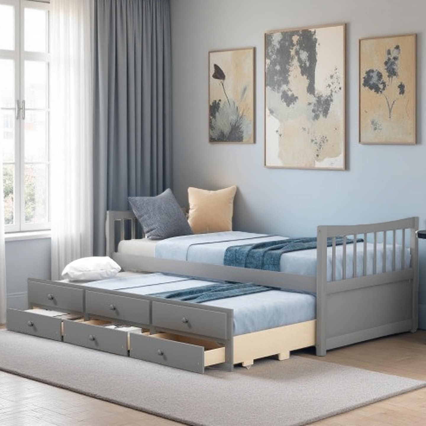 Full Size Daybed with Pull-Out Twin Trundle and 3 Storage Drawers, Solid Wood Frame, No Box Spring Needed