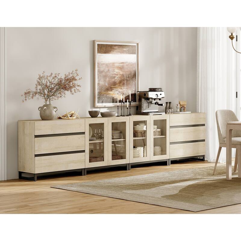 4 in 1 Storage Cabinet with 6 Drawers & Glass Doors, Modern Sideboard Credenza with Adjustable Shelves, Coffee Bar for Kitchen - 126 inches - Beige
