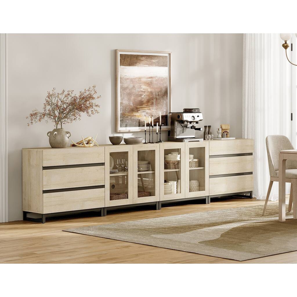 4 in 1 Storage Cabinet with 6 Drawers & Glass Doors, Modern Sideboard Credenza with Adjustable Shelves, Coffee Bar for Kitchen