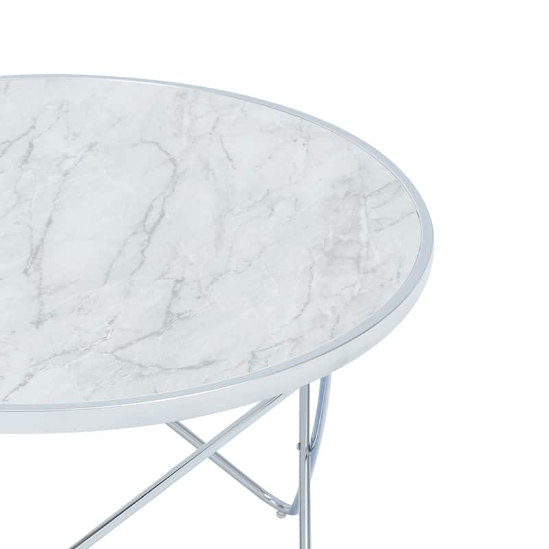 Teamson Home Small Round Faux Carrara Marble Coffee Table, White