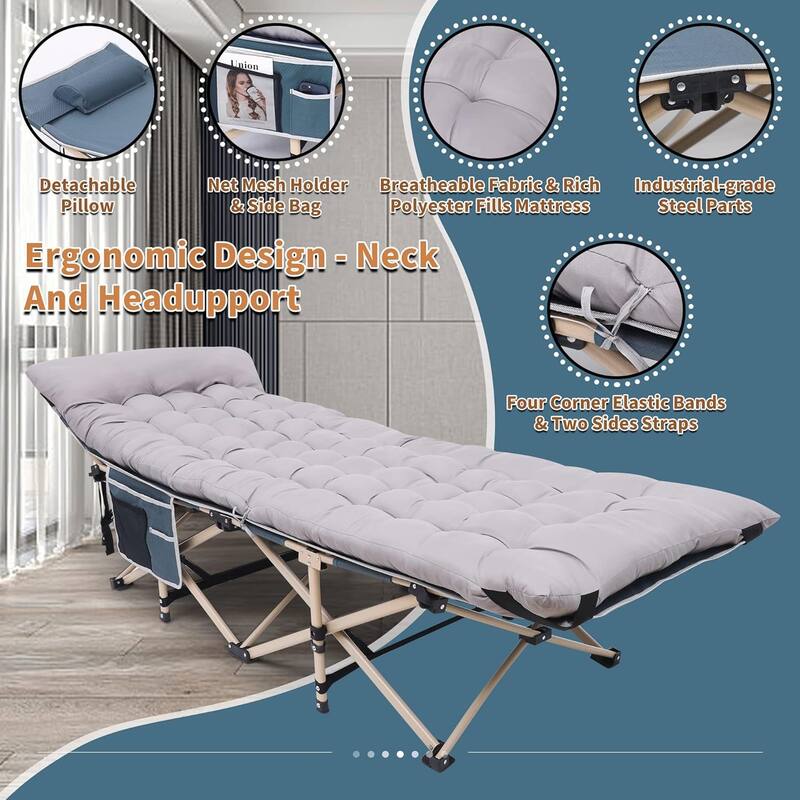 Camping Cot, Folding Camping Cot Folding Cot for Adults with Mattress, Pillow and Side Mesh Holders Holds Weights Up to 500Lbs