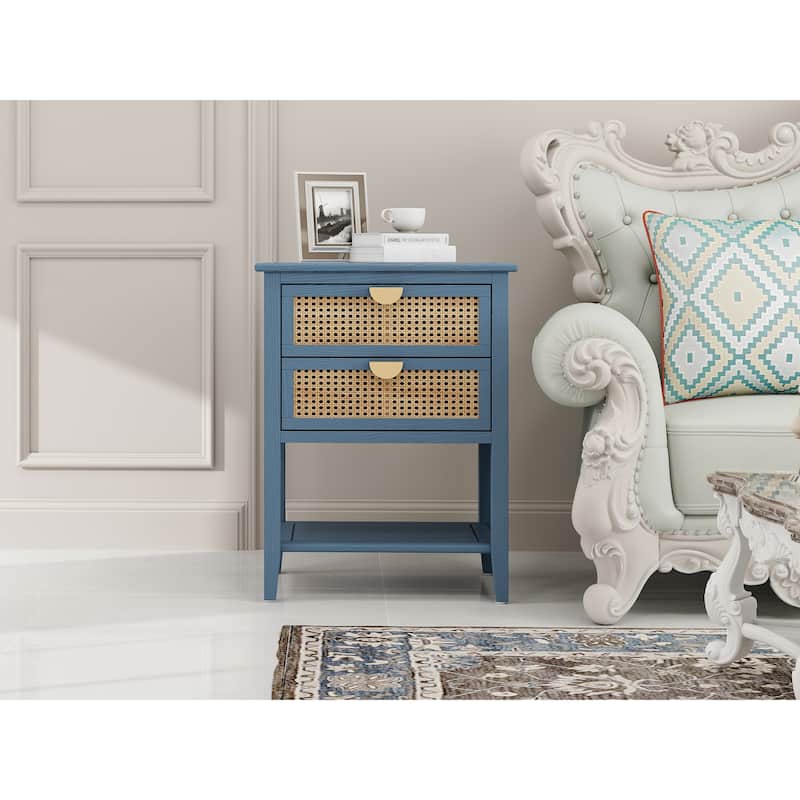 2-Drawer Naturel Rattan Side Table,End Table, Nightstands