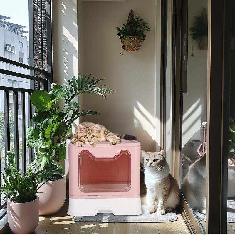 Cat Litter Box with X-Large Litter Mat and Scoop, Large Foldable Litter Box with Lid, Enclosed Kitty Box,Front Top Entry Exit