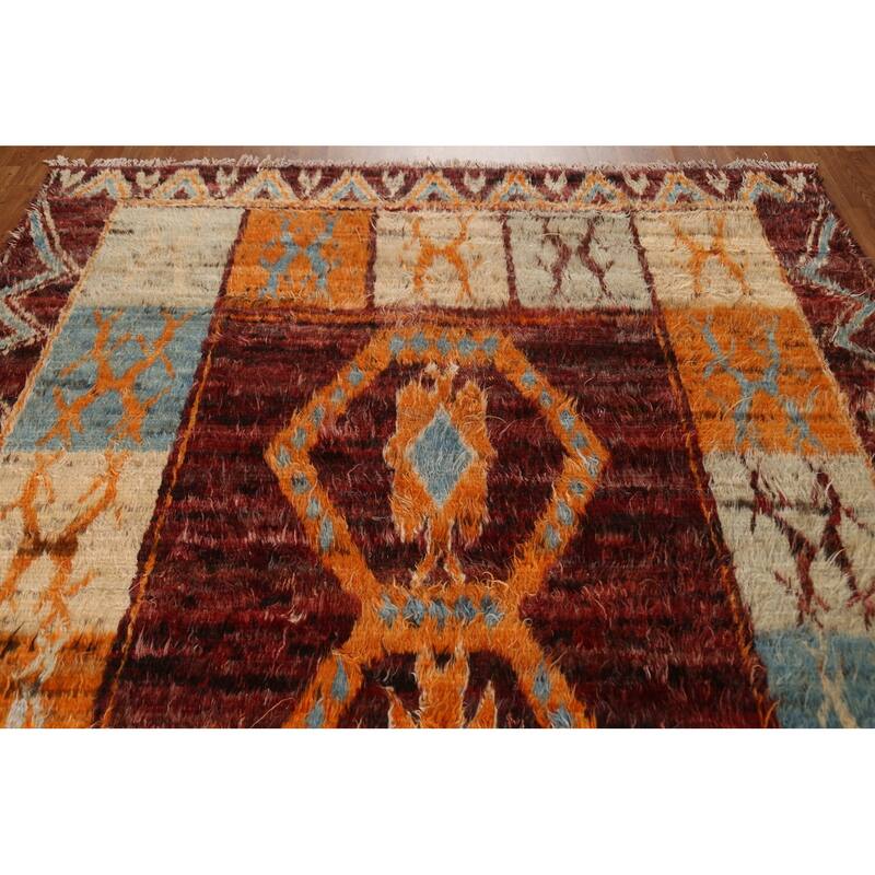 Hand Knotted Oriental 100% Wool Carpet Modern Tribal Red Moroccan Area Rug - 9' 9'' X 7' 0''