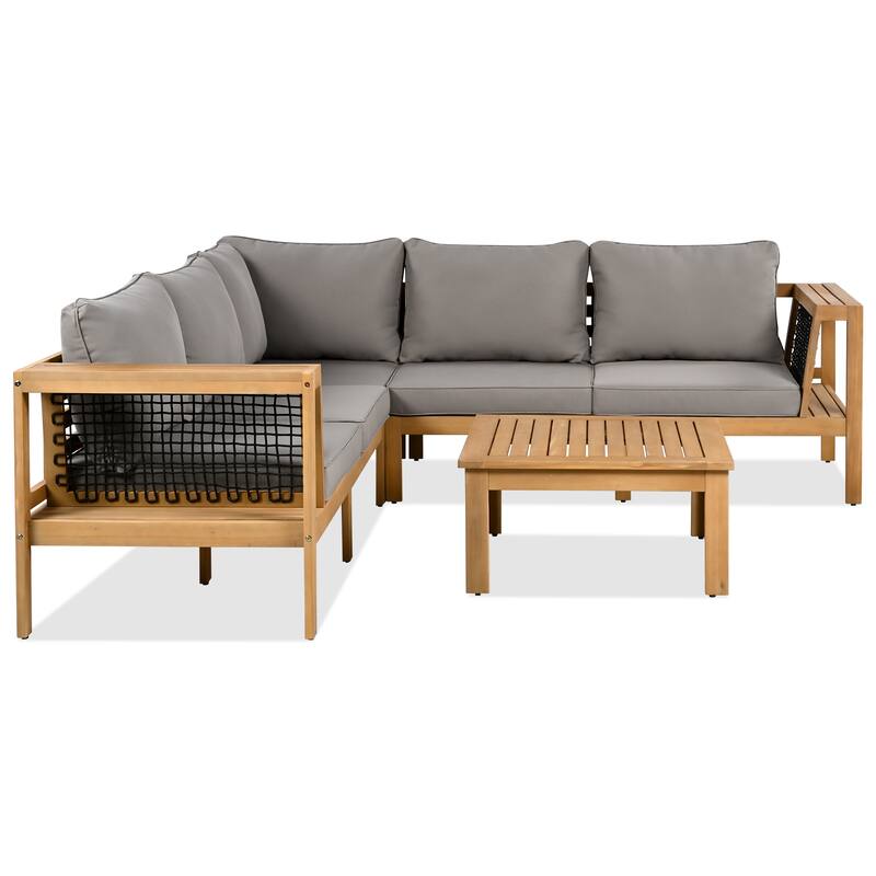 4-Pieces Outdoor Acacia Wood L-Shaped Sectional Sofa Set with Coffee Table and Arm Side Table