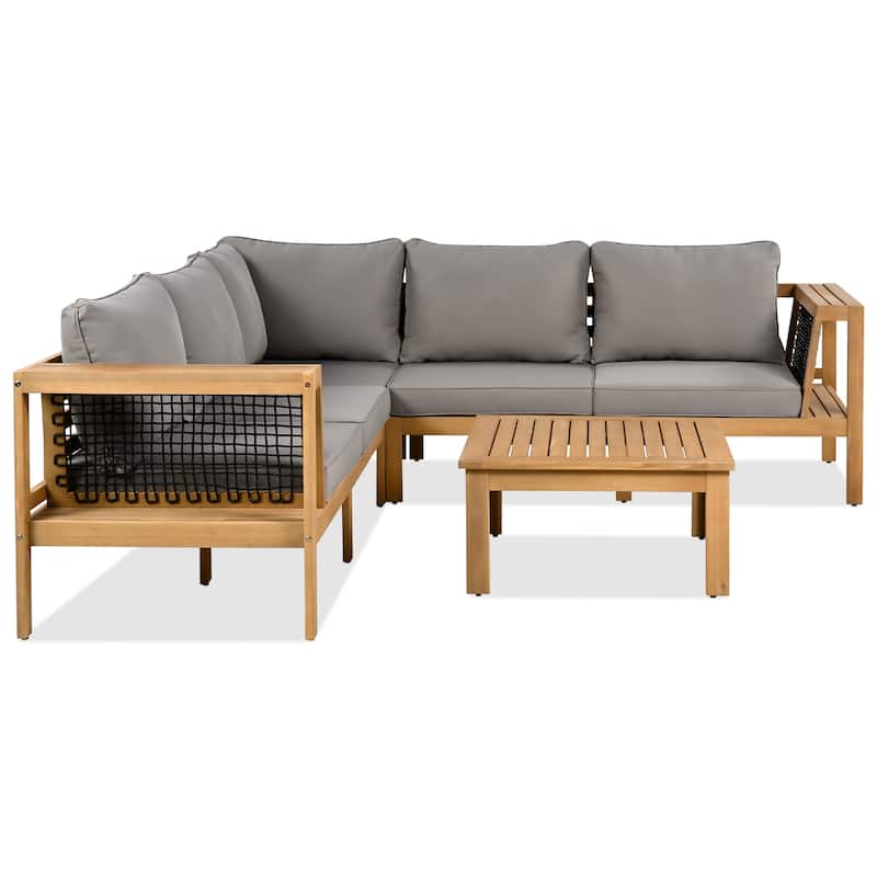 4 Pieces Outdoor Acacia Wood Sofa Set L-Shaped Patio Furniture Sofa Set with Coffee Table & Cushions, Woven Mesh Armrests