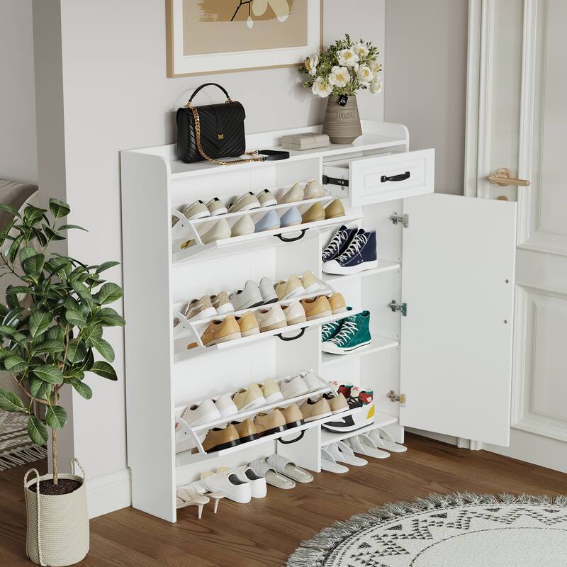 Shoe Cabinet with 4 Doors & 1 Drawer, Large Storage Entryway Organizer, Narrow Shoe Rack with Adjustable Shelves