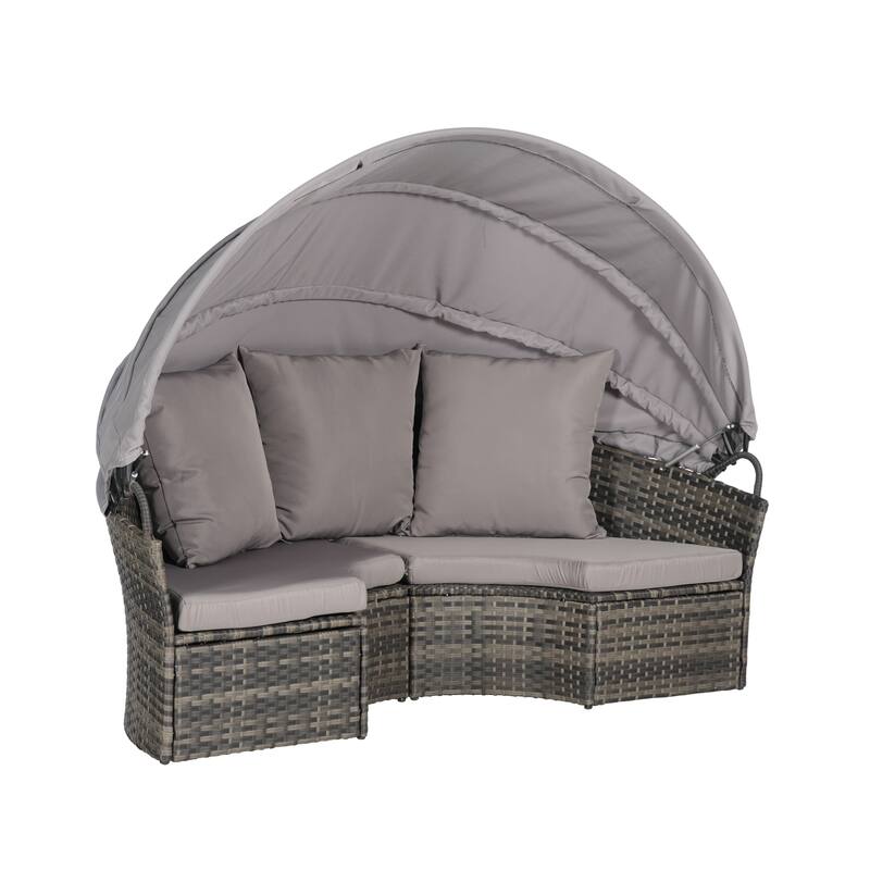 Outdoor Round Daybed with Retractable Canopy, Cushions, Table,Set of 5