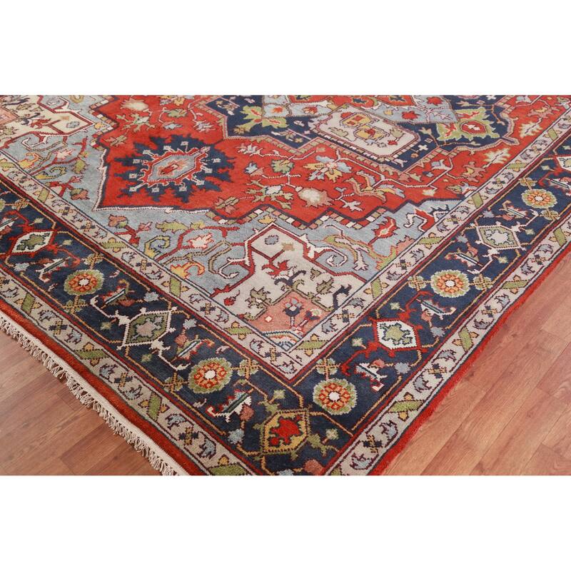 Hand Knotted Oriental 100% Wool Carpet Traditional Medallion Oranges & Rust Heriz (serapi) Area Rug - 12' 2'' X 8' 11''