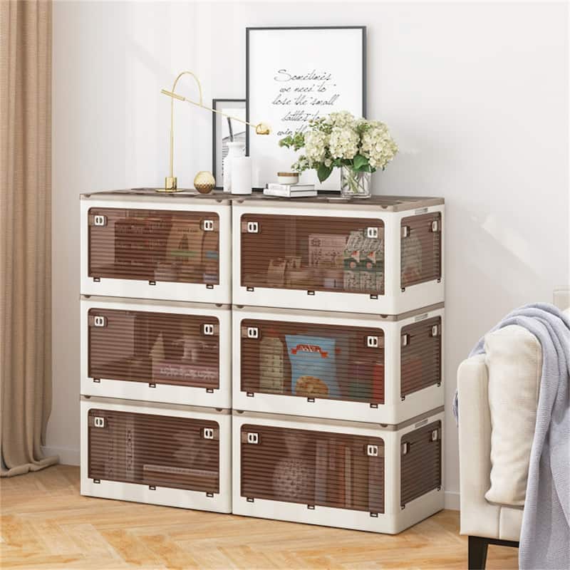 Cream White-Clear Brown Foldable Storage Bins 3-Pack with Wheels
