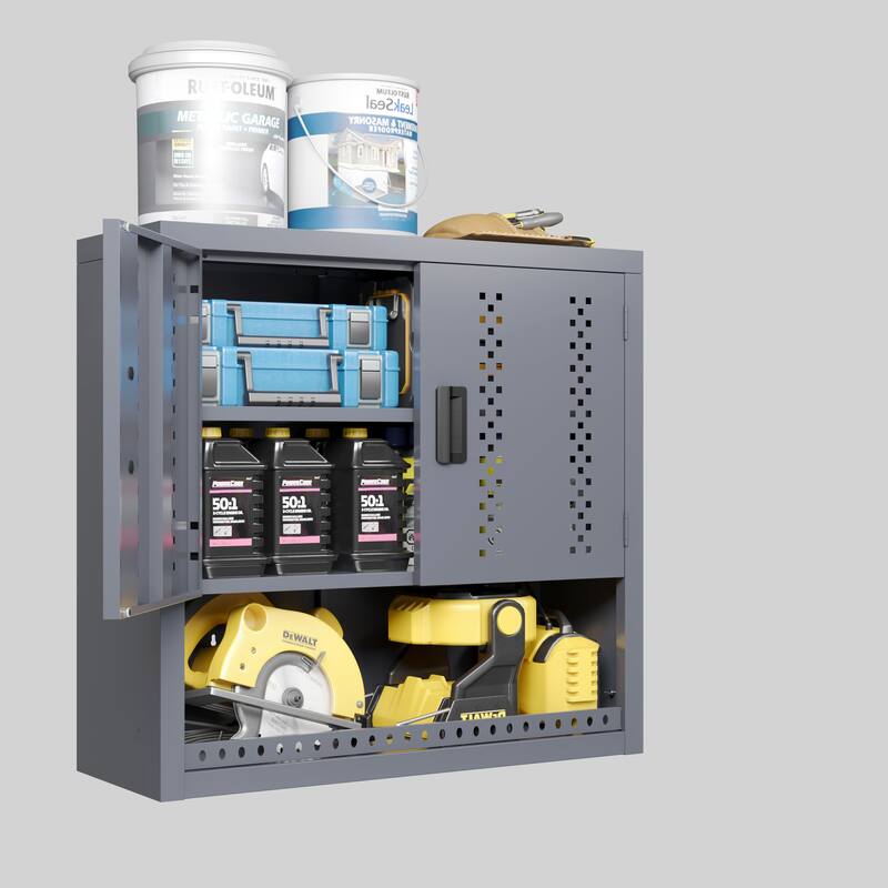 Roomfitters Large Wall Mounted Metal Garage Cabinet, Floating Tool Storage with Adjustable Shelf, Gray