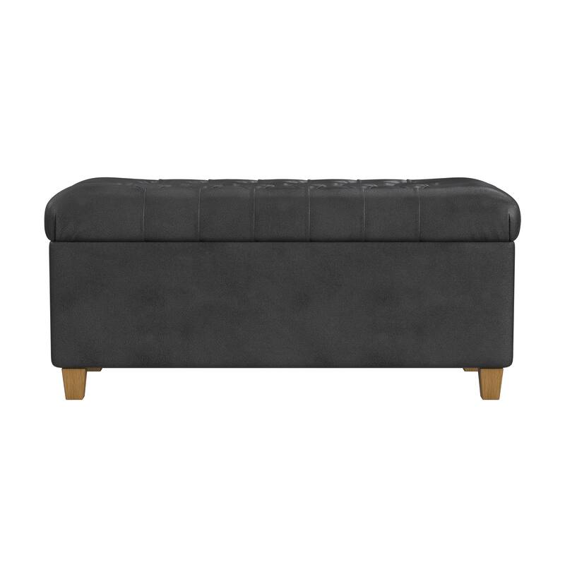 Bea Storage Ottoman Bench with Tufted Black Faux Leather, 40 Inch