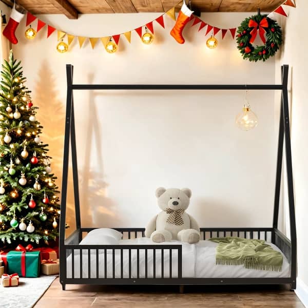 slide 2 of 26, House-Shaped Metal Full Platform Bed with Triangle Structure and Guardrail,Kids Bed Design Black