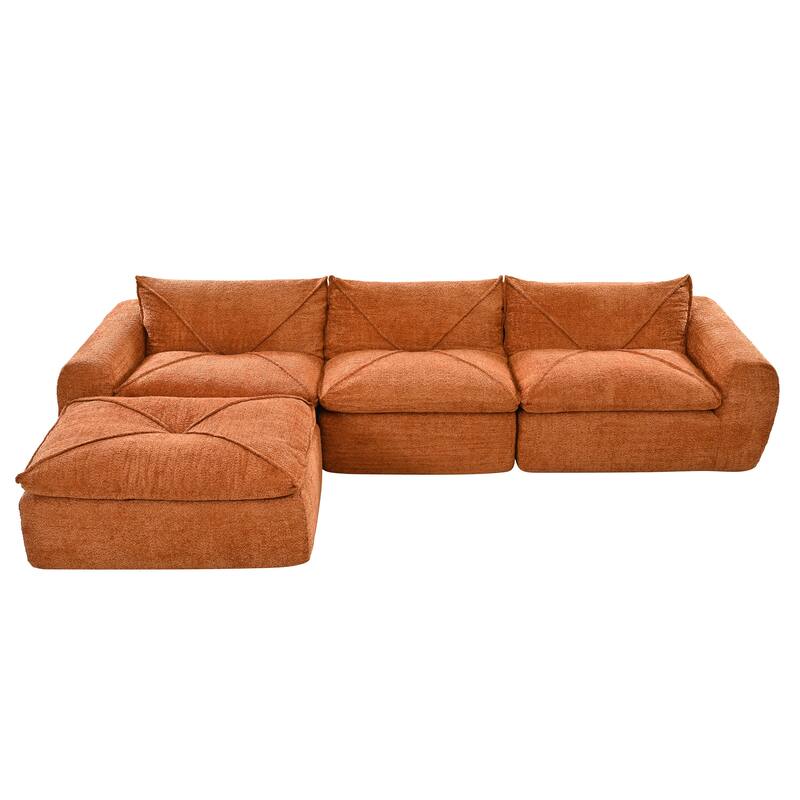 L-Shape Sectional Sofa with Ottoman, Chenille Sofa with Integrated Backrest & Seat Cushion, Fully Compressed Foam 4 Seat Sofa