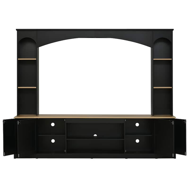 91" Farmhouse Arched Entertainment Center for TVs Up to 70" - Wood Grain TV Stand with Bookshelf & Adjustable Shelves