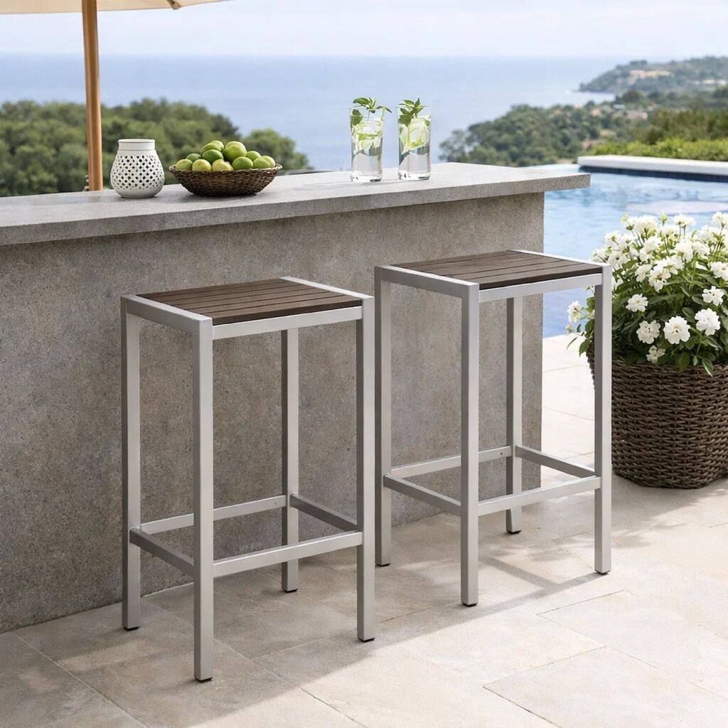 Kylo 43 Inch Outdoor Bar Table, White and Brown Aluminum Frame, Small