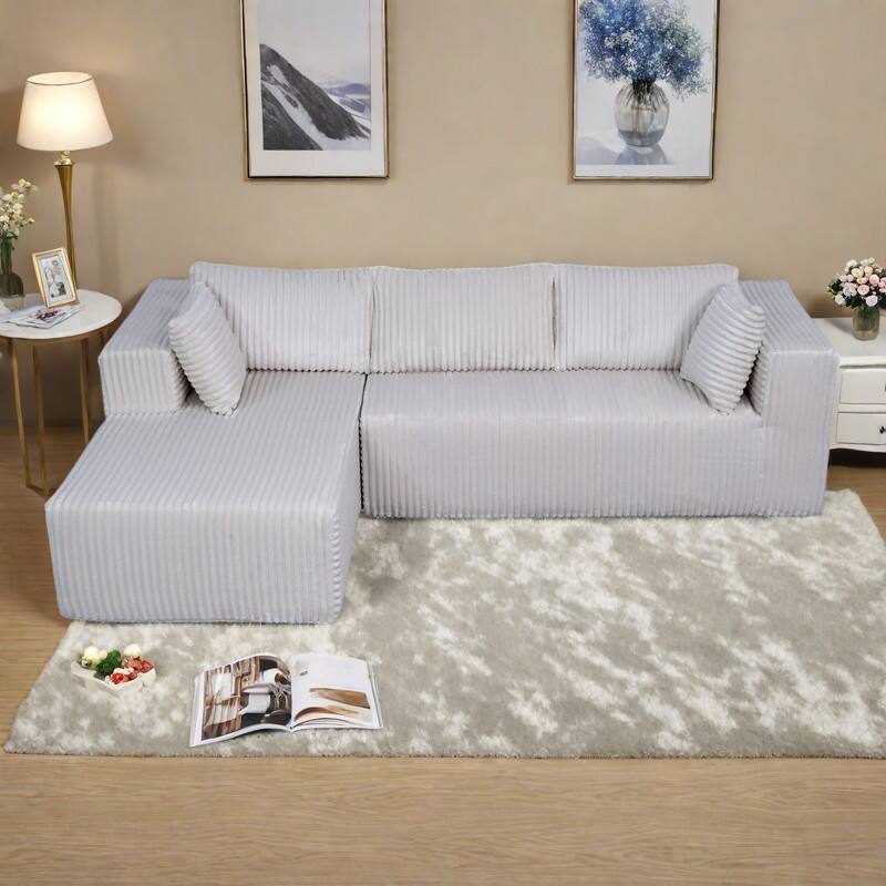 105.11" L-Shaped Chenille Sectional Sofa with All-Foam Structure, 6 Pillows and Space-Saving Design (Right Chaise) - Beige