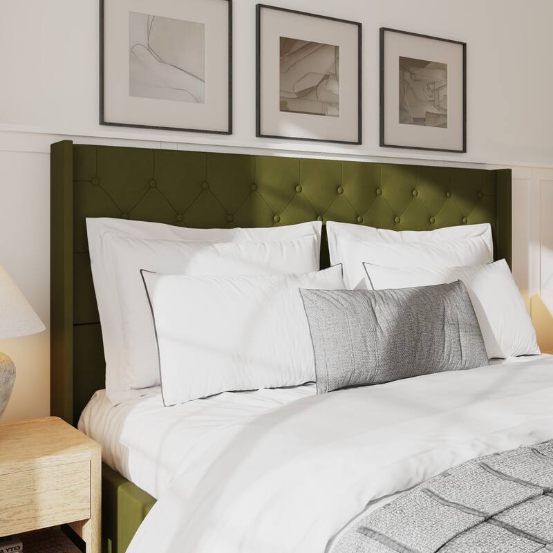 King Size Olive Green Leather Upholstered Platform Bed with Extra Tall 52.8" Tufted Wingback Headboard Bed Frame