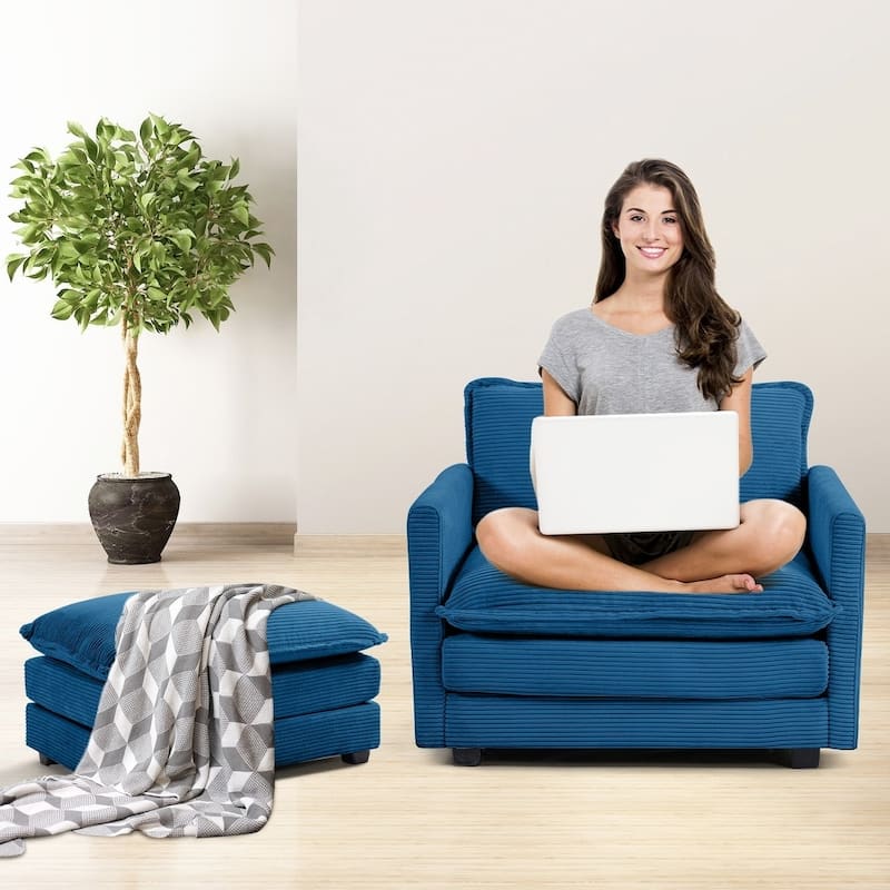 Oversized Corduroy Armchair with Plush Cushions and Movable Ottoman