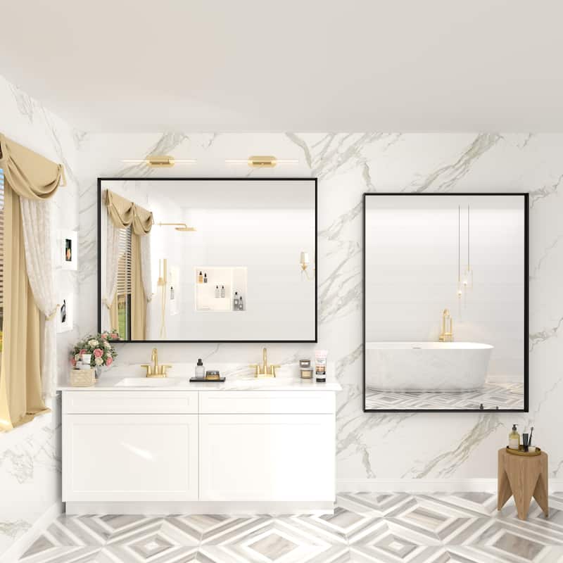 Full Size Metal Frame Wall Mirror Black Tempered Glass for Bathroom