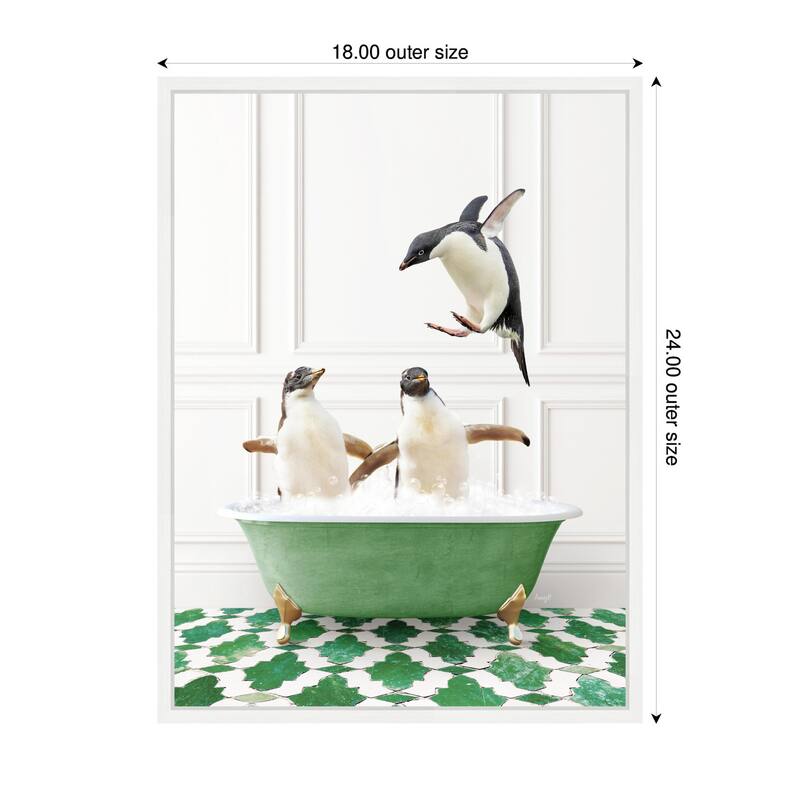 Kate and Laurel Sylvie Penguins in Eclectic Green Panel Wall Bathtub Framed Canvas by Amy Peterson